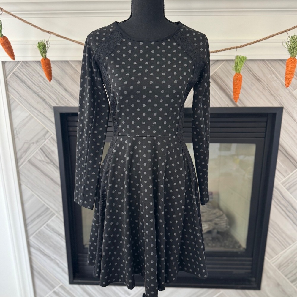 Made in San Francisco Polka‎ Dot Dress Long Sleeve Fit & Flare Black S - Picture 2 of 6